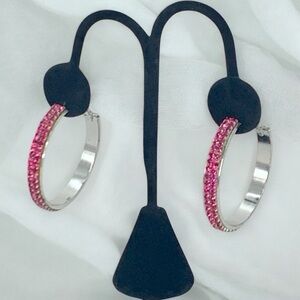 Hoop Earrings Large Fuchsia Pink & Silver Crystal Rhinestone Hoop Earrings